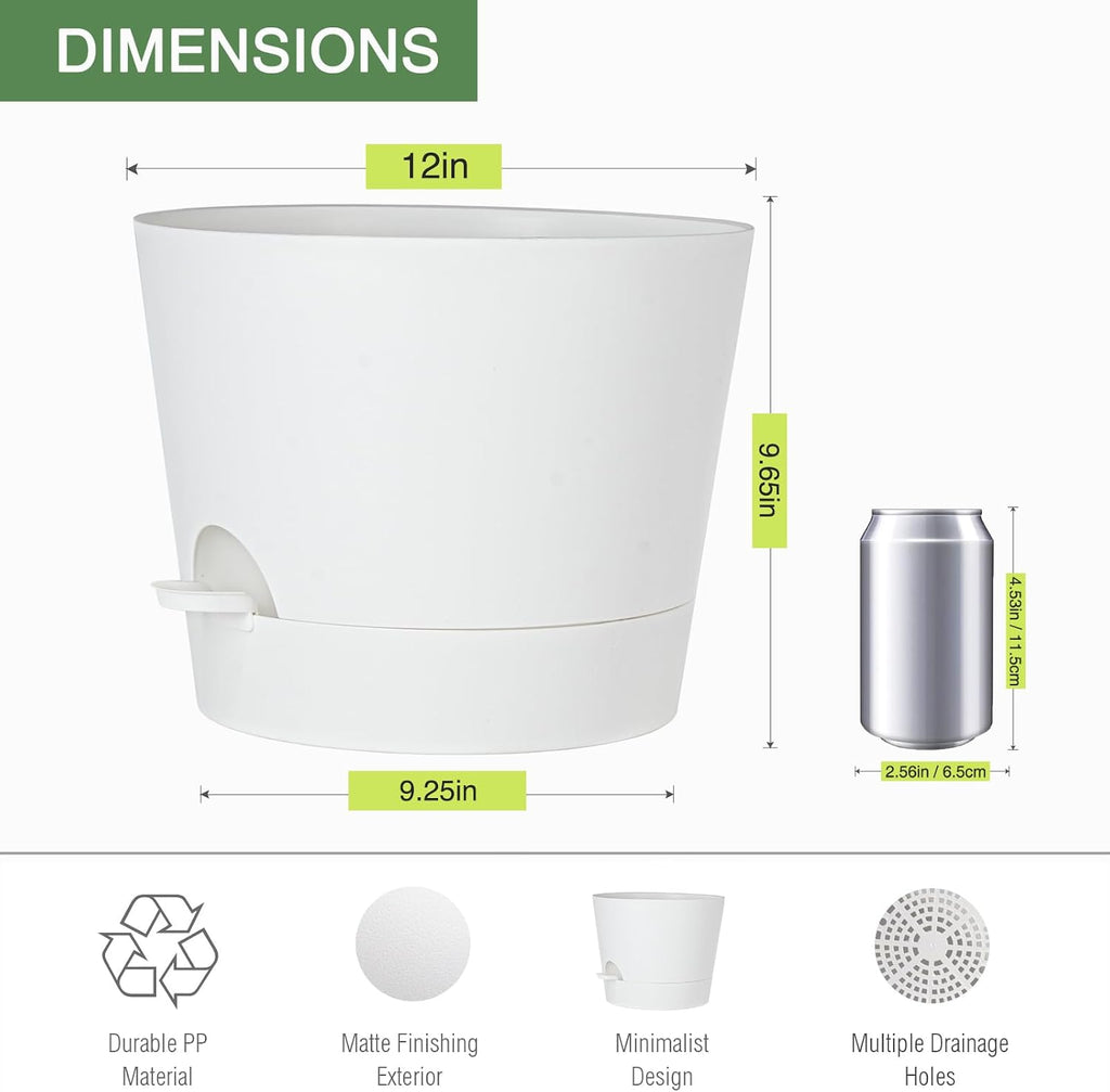 SwinDuck 12inch Large Self Watering Plant Pot, Plastic Cylinder Planter with 60Oz Deep Reservoir and Saucer for Indoor