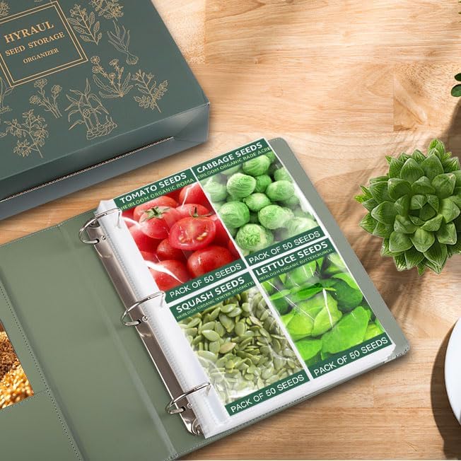 Seed Storage Organizer, Binder with 50 Pack Sleeves, Gift for Garden Lover | Large Capacity Stores 200 Seed Envelops