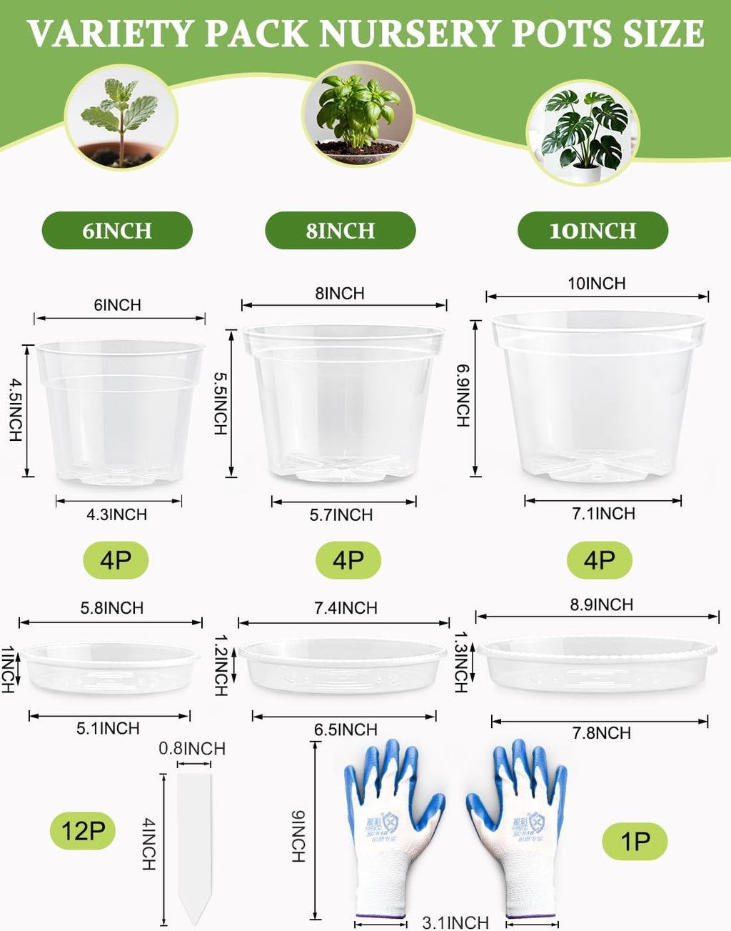 10/8/6 Inch Clear Plant Pots with Drainage Hole 12 Pack, Transparent Sturdy Plastic Nursery Pots with Saucers, Plant
