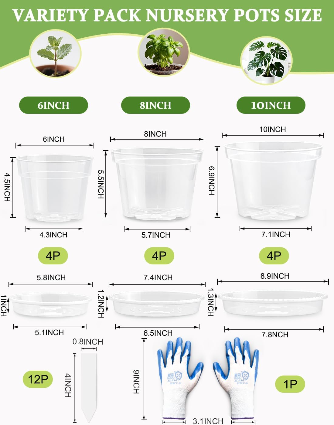 10/8/6 Inch Clear Plant Pots with Drainage Hole 12 Pack, Transparent Sturdy Plastic Nursery Pots with Saucers, Plant