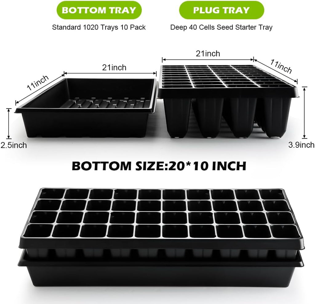 RooTrimmer 10 Pack 1020 Seed Starter Trays and 10 Pcs 40 Cell Plug Trays, Thick Durable Seedling Plastic Nursery Tray