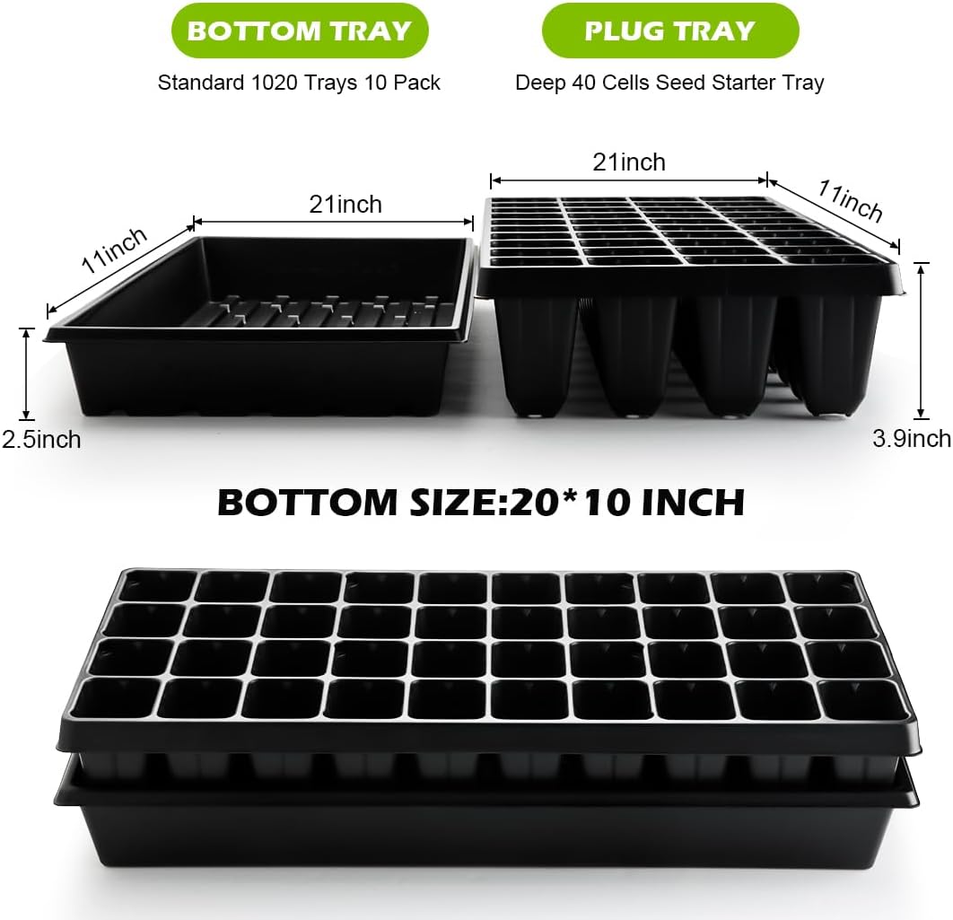 RooTrimmer 10 Pack 1020 Seed Starter Trays and 10 Pcs 40 Cell Plug Trays, Thick Durable Seedling Plastic Nursery Tray