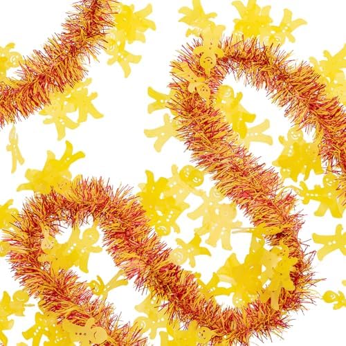 33FT Christmas Tinsel Garland, Red Yellow Metallic Twisted Tinsel Garland with Gingerbread Man Ornaments Shiny Xmas Hanging Decoration for Christmas Tree Wedding Birthday Home Party Supply