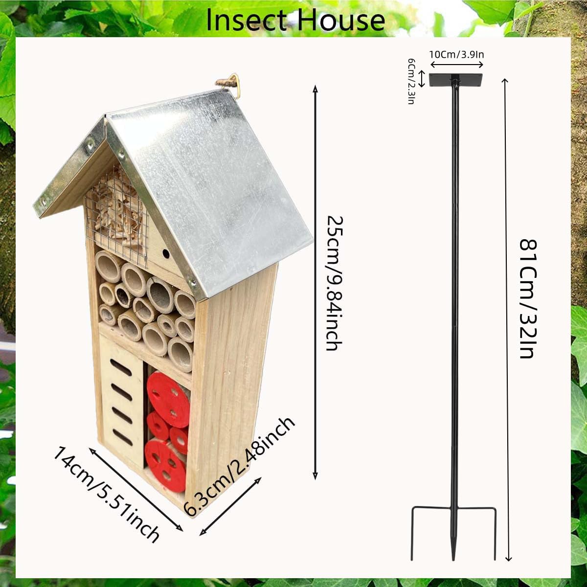 Natural Wooden Insect Hotel, Bee House with Metal Stake for Garden | Bee House, For Ladybugs, For Lacewings, For