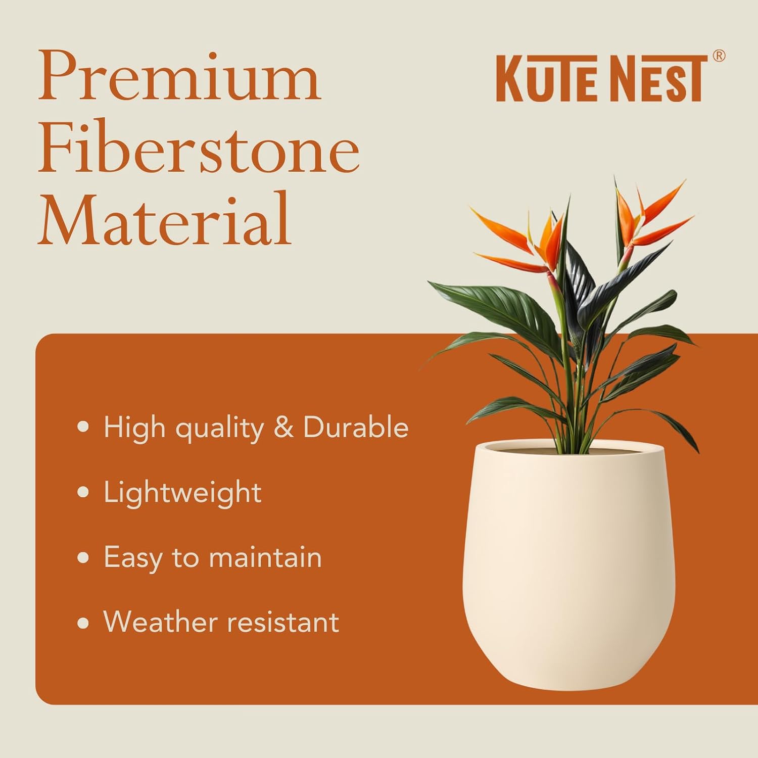 KUTE NEST 12" Corso Fiberstone Outdoor Planter (Kilim Beige) | 12.5"H x 11.4"D For Snake Plants, Herbs & Succulents