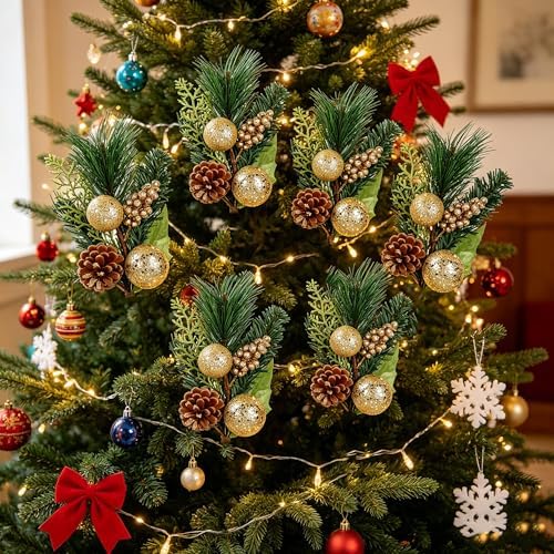 DR.DUDU 12" Gold & Green Christmas Picks and Sprays – 6 Pcs Tree Fillers