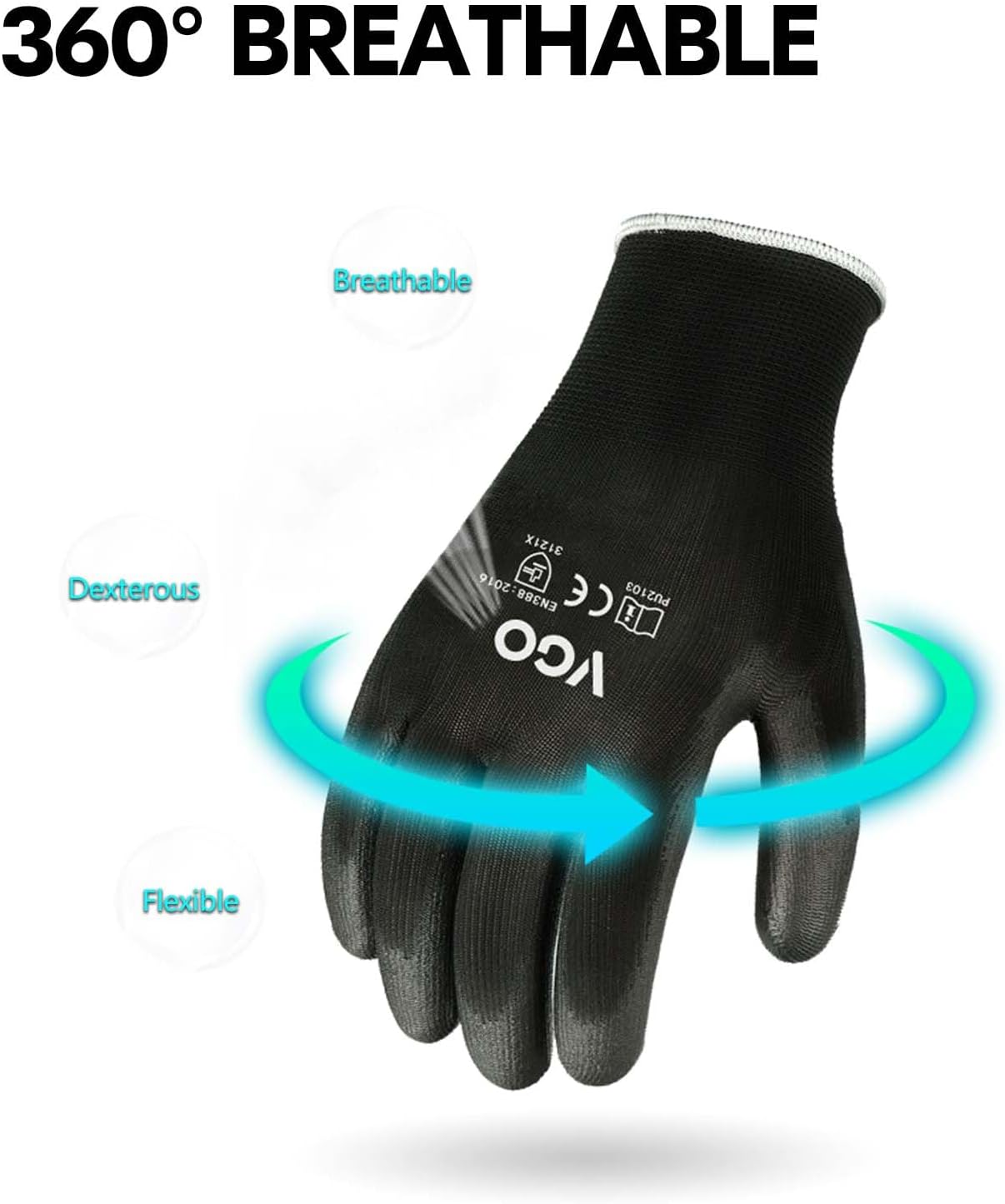 Vgo... 15-Pairs Safety Work Gloves, Gardening Gloves, Polyurethane Coated, Dipping Gloves, Latex Free (Size XL, Black