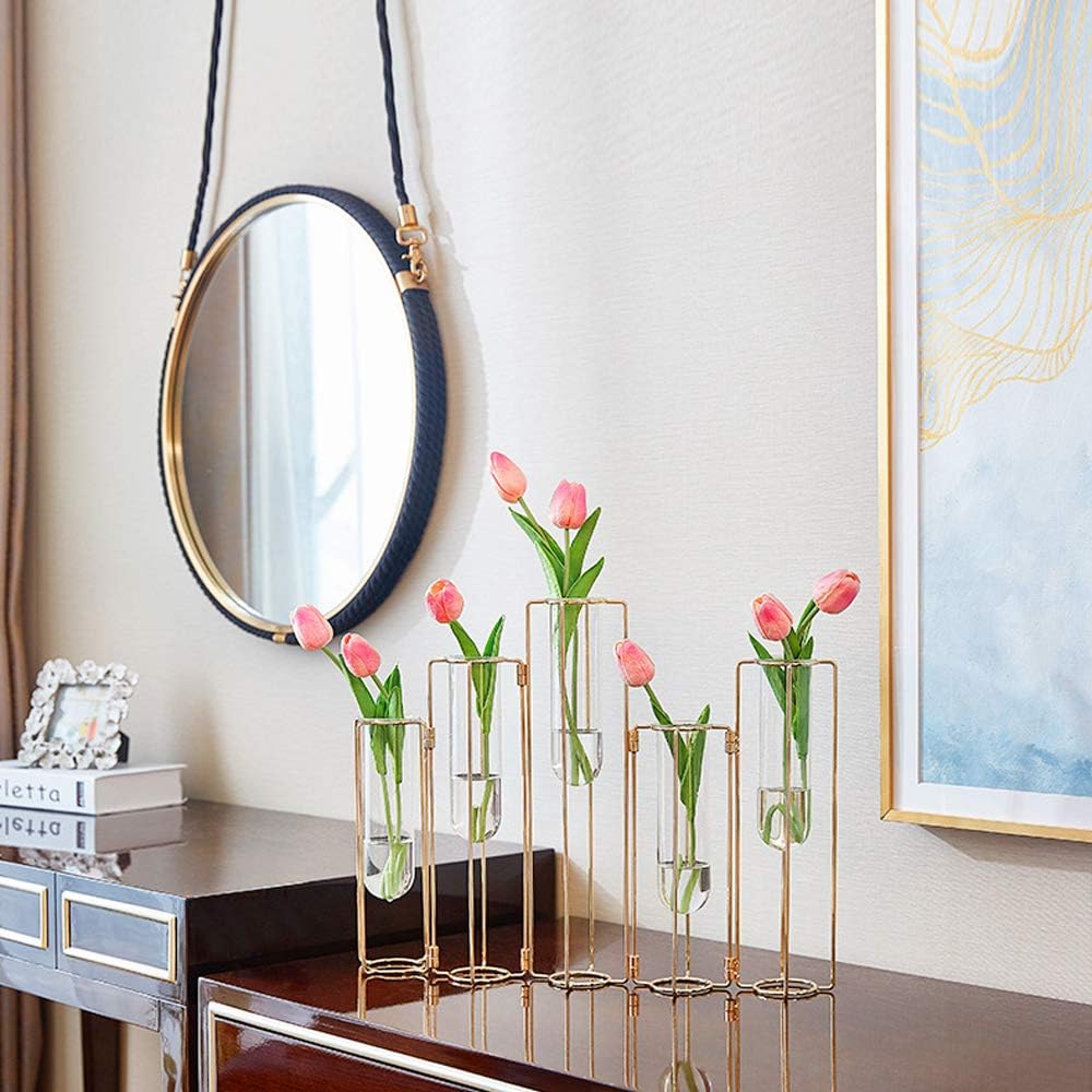 Hinged Flower Vases Test Tube Flower Vase with 5 Test Tubes Gold Metal Frame can be Bent and Contorted, Propagation