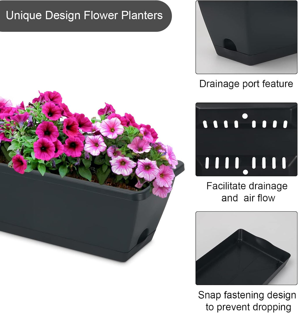 6 Pcs Window Box Planter, 17" Rectangular Planter Box with Saucers, Black | Sturdy Plastic Planter Boxes, Outdoor