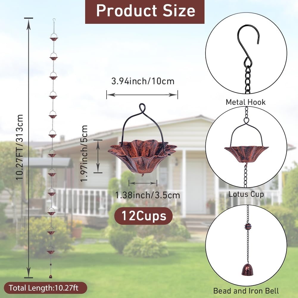 10FT Lotus Rain Chain, Rain Chains for Gutters with 12 Cups | Adjustable Rain Catcher Chain with Bell for Eaves