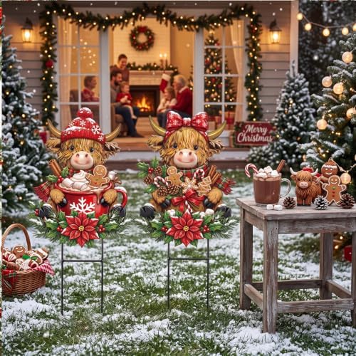Amyhill Christmas Highland Cow Outdoor Yard Decoration Hot Cocoa Signs