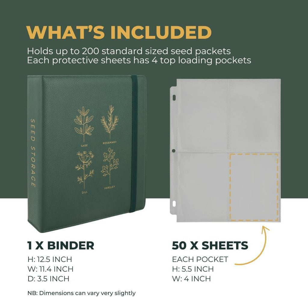 Wildgoose Seed Binder - Garden Seed Packet Organizer, Storage Book, Green | 50 sheet protectors hold 200 envelopes