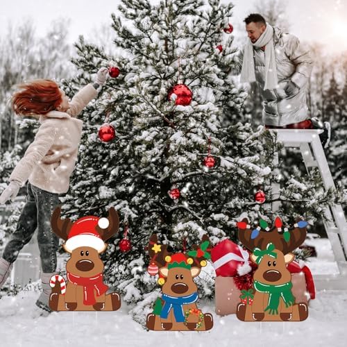 Weysat 3 Pcs Reindeer Christmas Yard Signs with Stakes, Elk Decoration