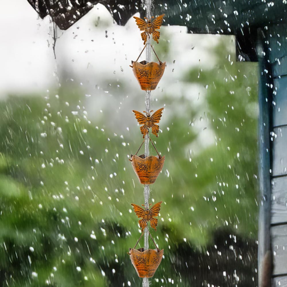 9.2ft Rain Chains for Outside Gutters, Eaves, Drainage | Copper Rain Chain, 12 Cup with Butterfly Decor, Adjustable