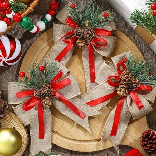 Moucuny 6 Pcs Christmas Burlap Bows Natural Color Plaid 5 x 6 Inch