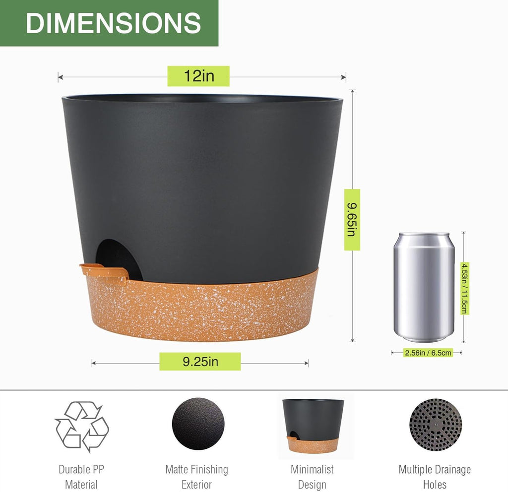 SwinDuck 12inch Large Self Watering Plant Pot, Plastic Cylinder Planter with 60Oz Deep Reservoir and Saucer for Indoor