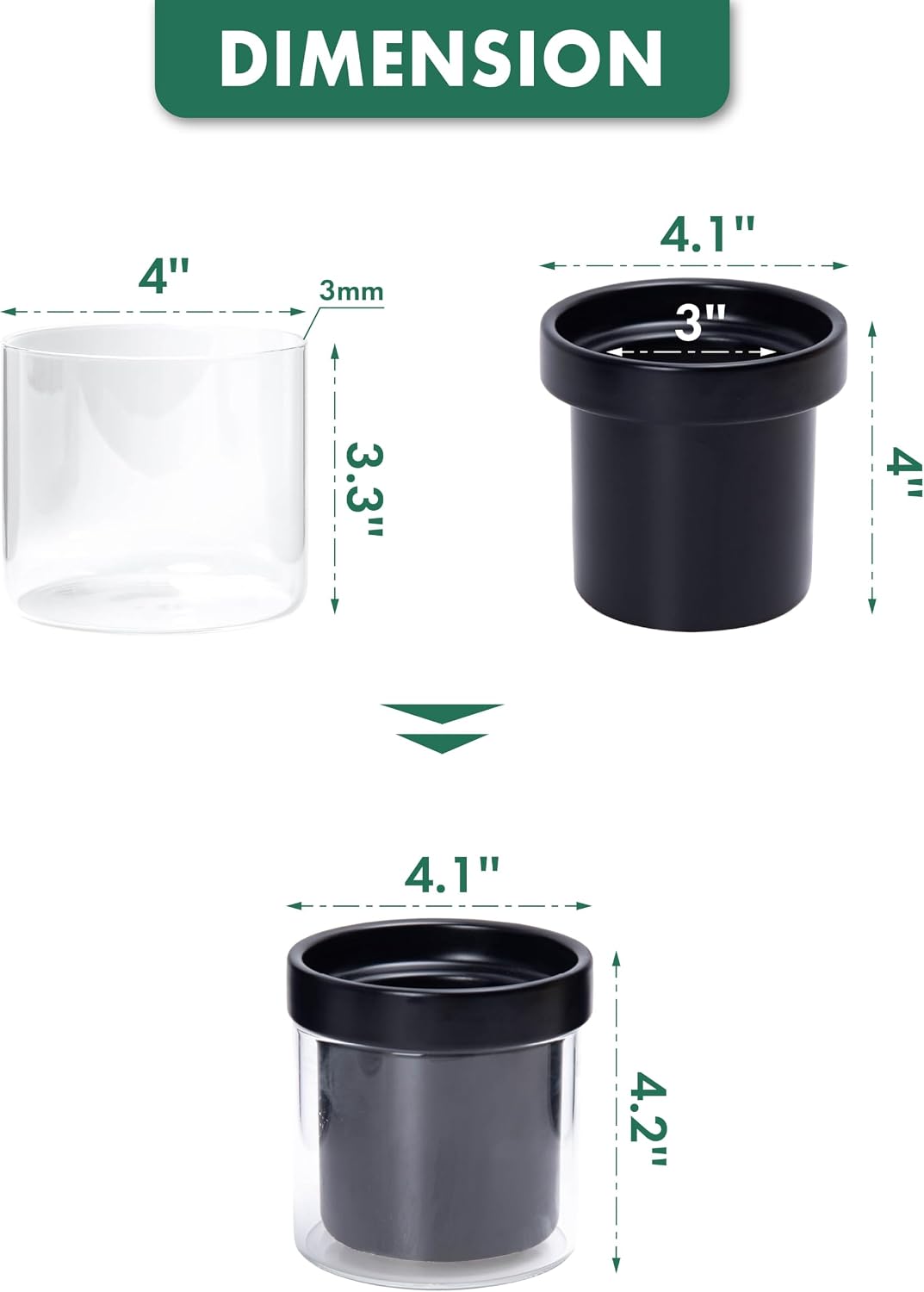 Phoenix Vine 4 Inch Self Watering Planter Pot, Black Terracotta Clay Pot with Glass Reservoir for Indoor Plants, Herbs