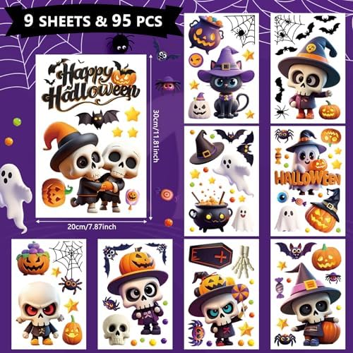 AhfuLife 95Pcs Halloween Window Clings, 9 Sheets Reusable Halloween Skeleton Window Stickers Cute Stickers for Kids Home Window Indoor Party Decorations