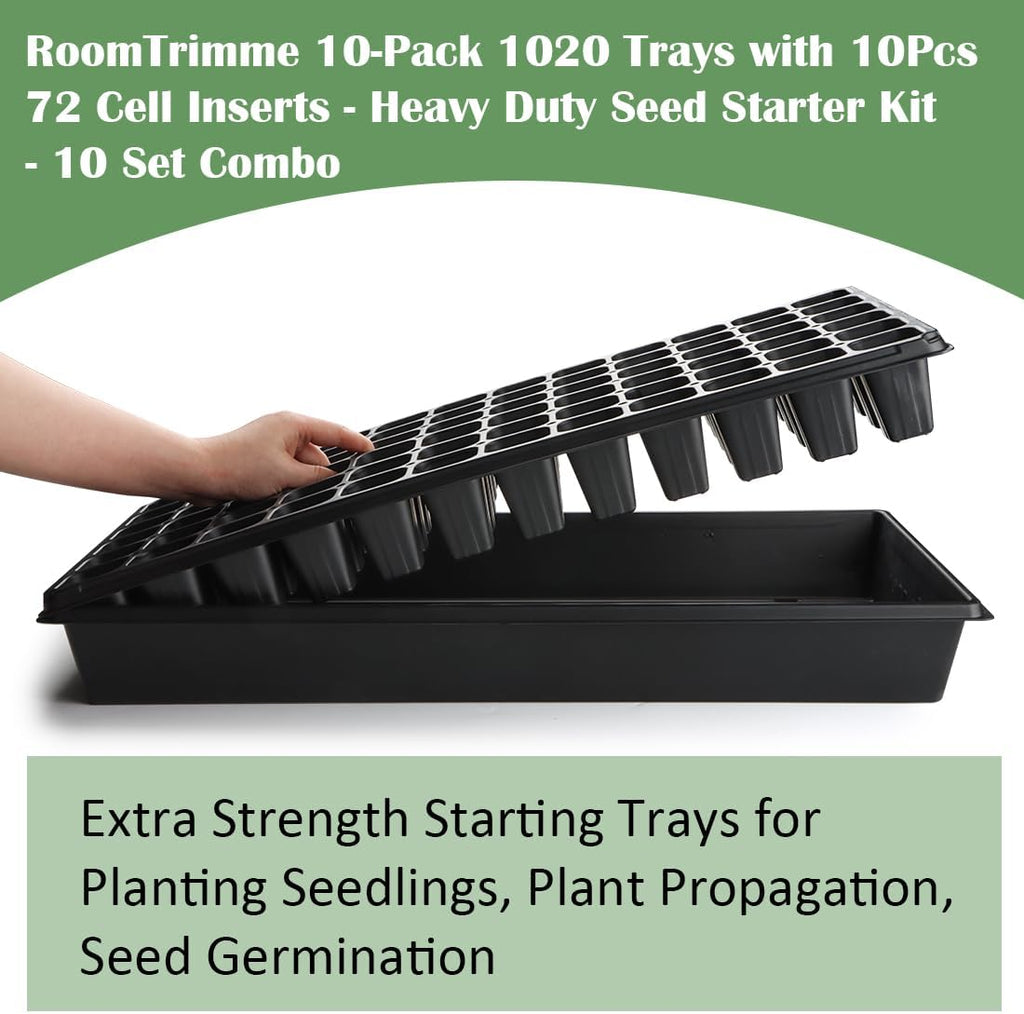 RooTrimmer 10 Pack 1020 Trays No Holes and 10 Pack 72 Cell Seed Starter Tray, 20" x 10" - Heavy Duty Reusable Plastic