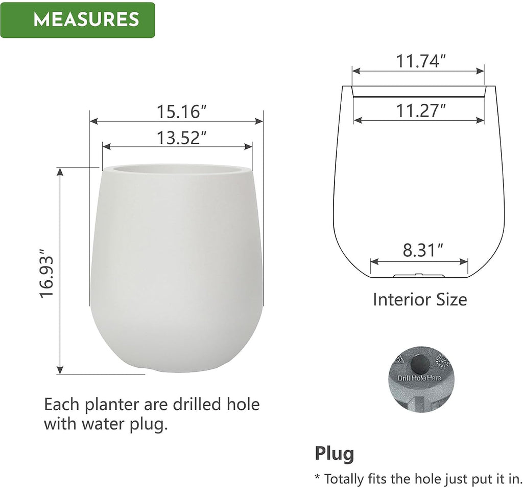 16.9" H Large Tall Plastic Planter w/ Drainage Holes and Plug, Chalk Beige | Indoor/Outdoor Use, UV/Weatherproof