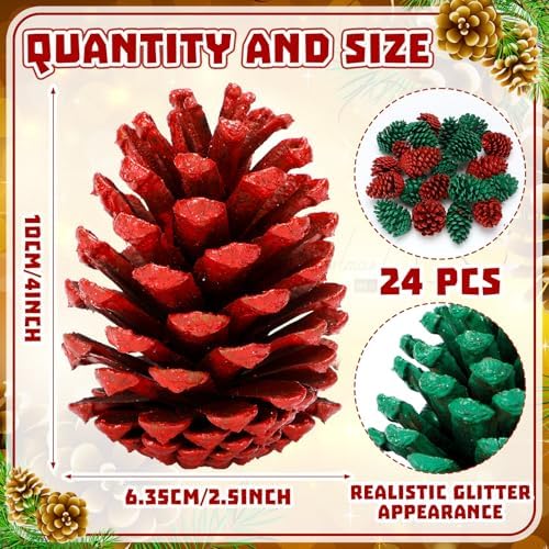Janinka 24 Pcs 4 Inch Green Red Christmas Glitter Pine Cones Ornaments