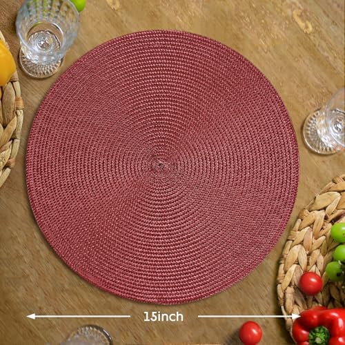 FunWheat Round Braided Placemats Set of 8 Table Mats for Dining Tables Woven Washable Non-Slip Place mats 15 inch(Wine,8pcs)
