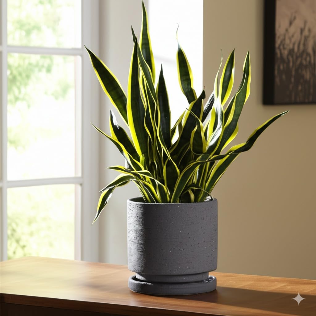 Nihow Ceramic Plant Pot Drainage Hole & Saucer for Indoor Plants, 5.7 Inch | Charcoal Gray, Cylinder Planters, Art