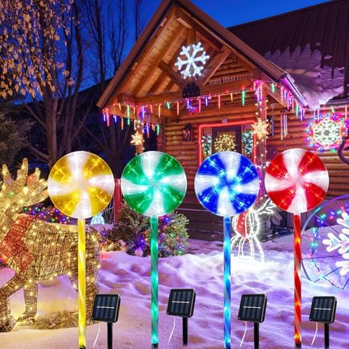 4PCS Lollipop Peppermint Solar Candy Cane Lights Outdoor - Christmas Solar Pathway Lights Christmas Lollipop Decorations 8 Modes Candy Cane Pathway Light for Outside Yard Walkway