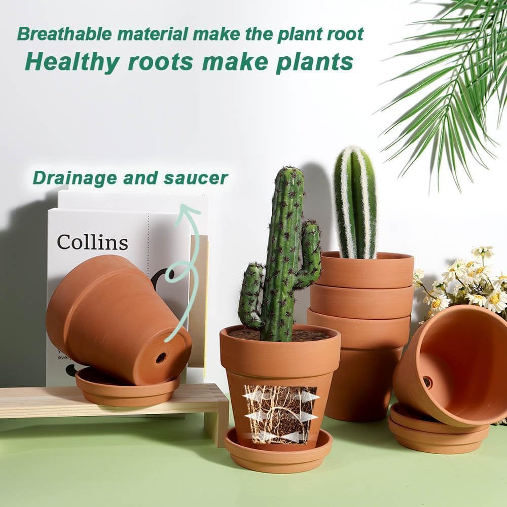 Terra Cotta Pots with Saucer - 6 Pack 5 Inch Clay Pot Ceramic Pottery Planter Cactus Flower Pots Succulent Pot Drainage