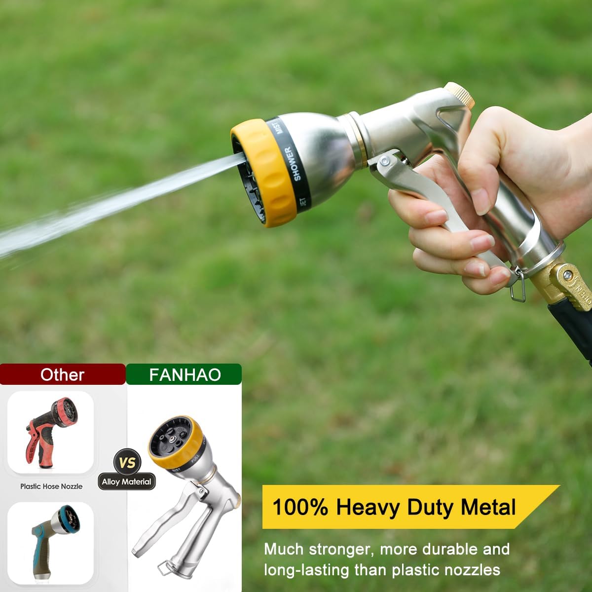 FANHAO Metal Garden Hose Nozzle Heavy Duty, 7 Adjustable Spray Patterns | Rustproof Zinc Alloy, Ergonomic Grip
