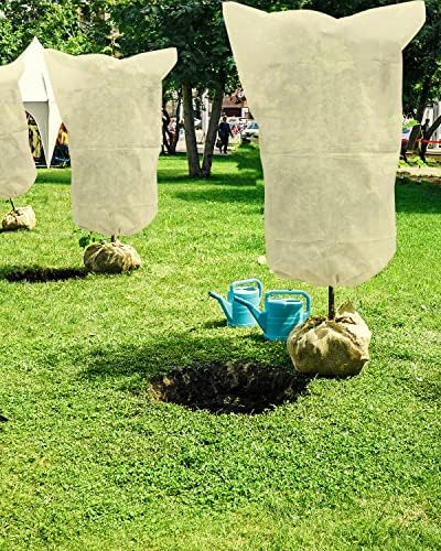 EAONE 12 Pack Plant Covers Freeze Protection, 32x47'' Winter Frosts Cloth for Outdoor Plants, Reusable Frost Blankets Drawstring Bags for Cold Freeze Sun Protection Bird Insect Prevention,Beige