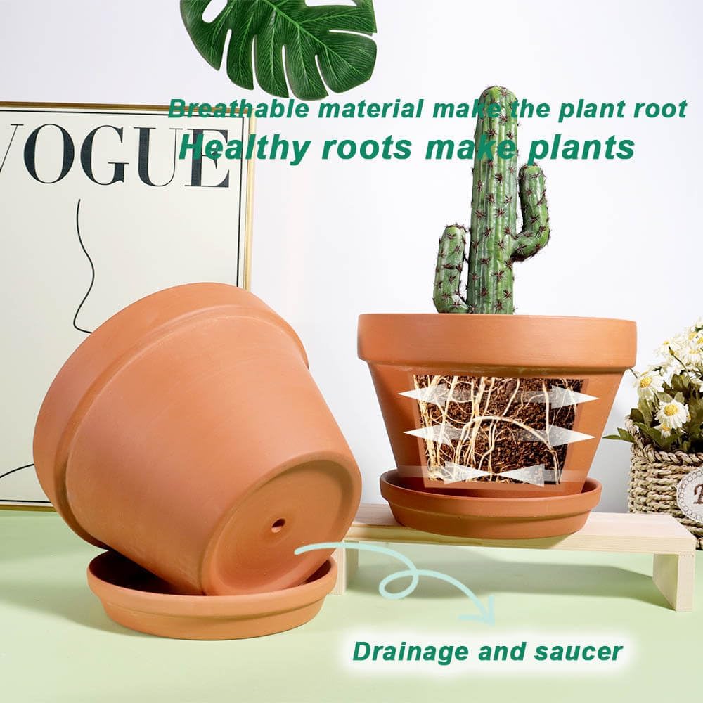 8 Inch Terracotta Pots with Saucer - 1 Pack Large Terra Cotta Pot with Drainage Hole, Clay Planters Pot for Indoor