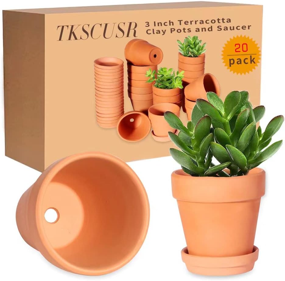 TKSCUSR 3 Inch Terracotta Pots with Saucer-20 Pack，Cactus Terra Cotta Flower Pot with Drainage，Succulent Nursery Clay