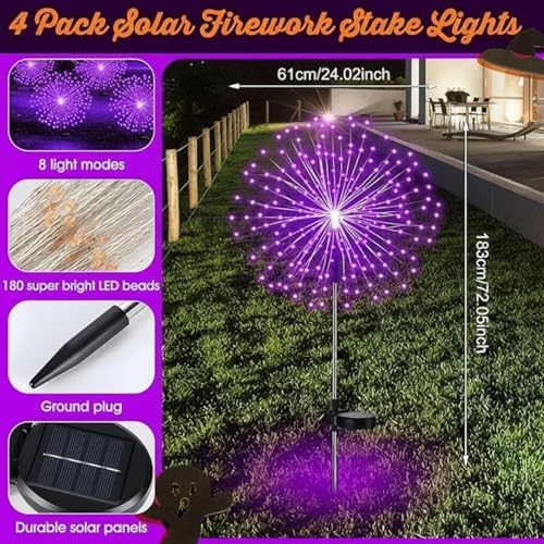 Tujoe 4 Pack Halloween Outdoor Decoration Solar Firework Lights,Purple