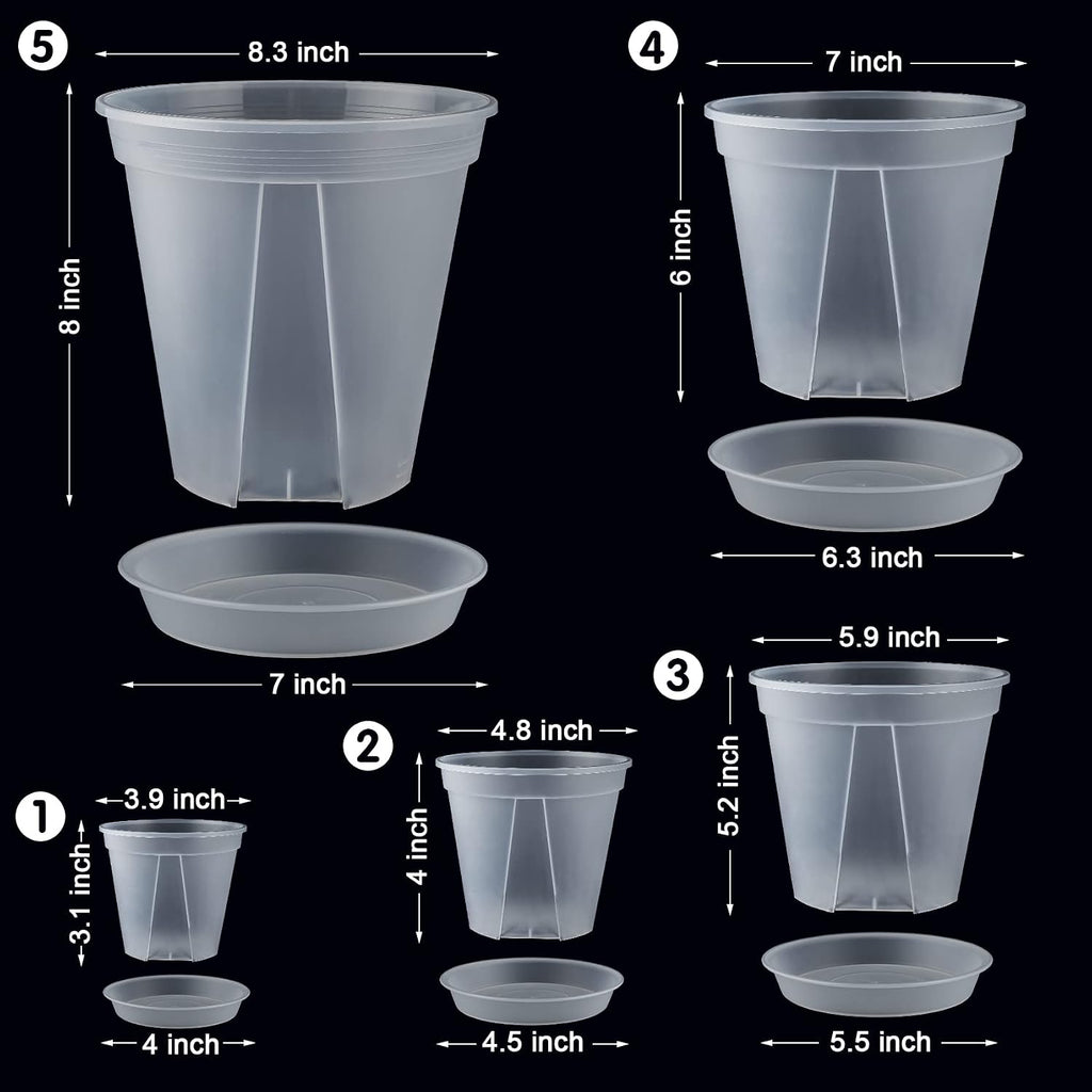 GREENPARA Clear Plant Nursery Pots with Saucer for Indoor & Outdoor Plants | 4/5/6/7/8 Inch Drainage Holes Root