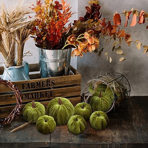 Woration 8pcs Assorted Size Fake Green Velvet Handmade Pumpkins Ornament