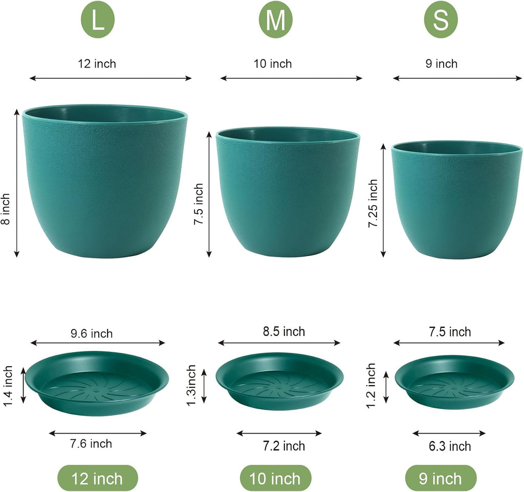 WSMKSZ Large Flower Pots 12/10/9 inch, Set of 3 Modern Decorative Plastic Planters with Drainage Holes and Saucers for