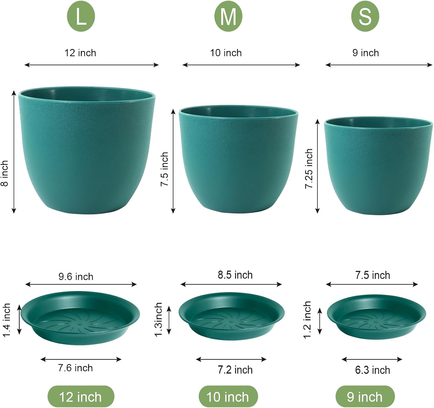 WSMKSZ Large Flower Pots 12/10/9 inch, Set of 3 Modern Decorative Plastic Planters with Drainage Holes and Saucers for
