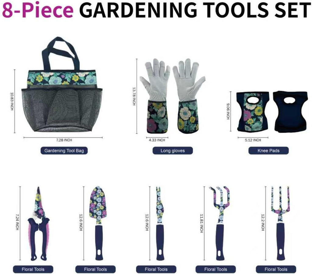 8-Piece Floral Garden Tool Set with Knee Pads & Gloves | Ideal Gift for Mom, Grandma, Spring Planting, Weeding, Pruning