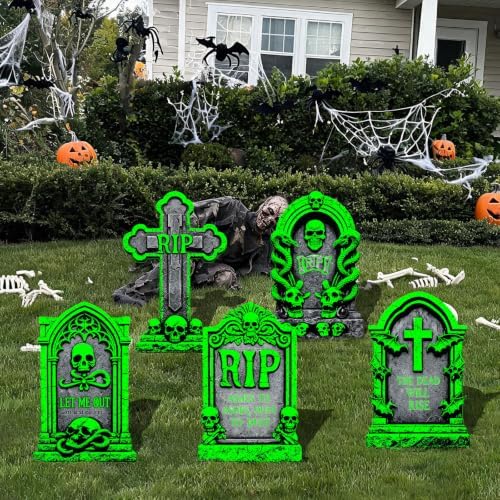 25.2in Glow in The Dark Halloween Tombstones Outdoor Decor - 5PCS Large DIY Graveyard Tombstones for Graves, Halloween Yard Signs with Stakes for Haunted House, Lawn & Party
