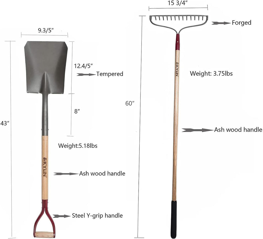 KYLIN 6-Piece Pro Long Ash Handle Garden Tools Set for Landscaping Agricture or Backyard,14-Gauge Shovels,Forged