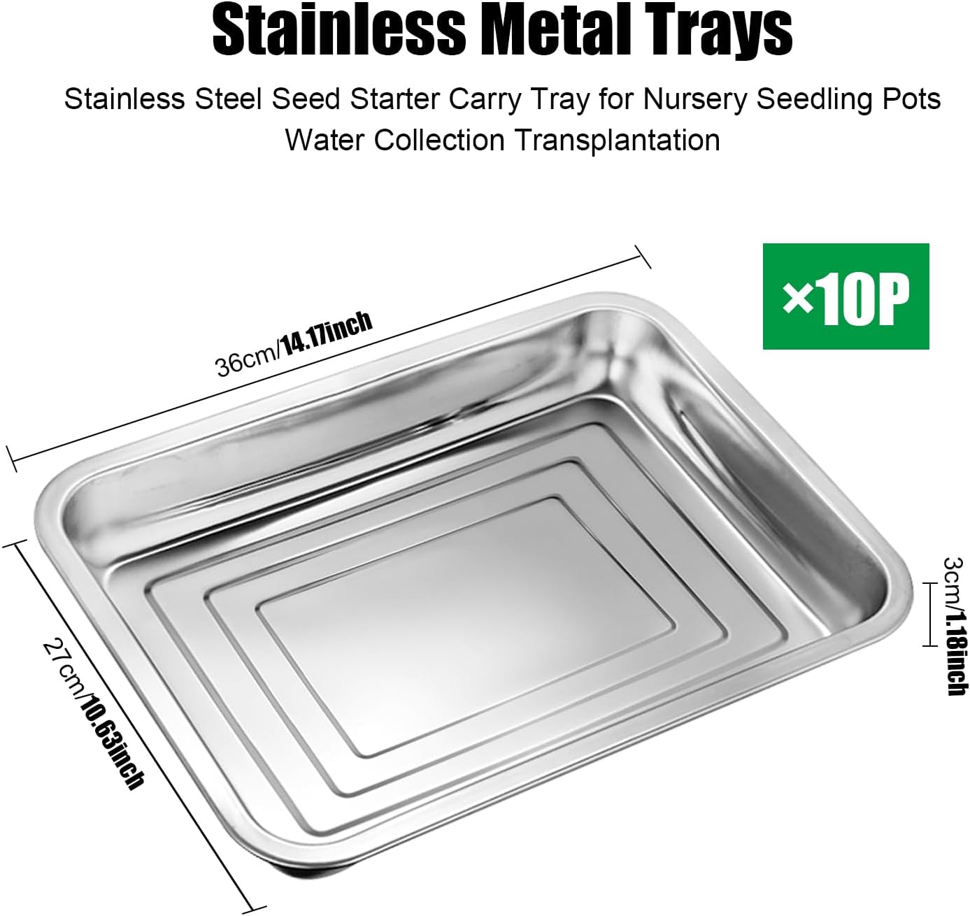 RooTrimmer 10 Pack Stainless Metal Trays, Stainless Steel Seed Starter Carry Tray for Nursery Seedling Pots Water