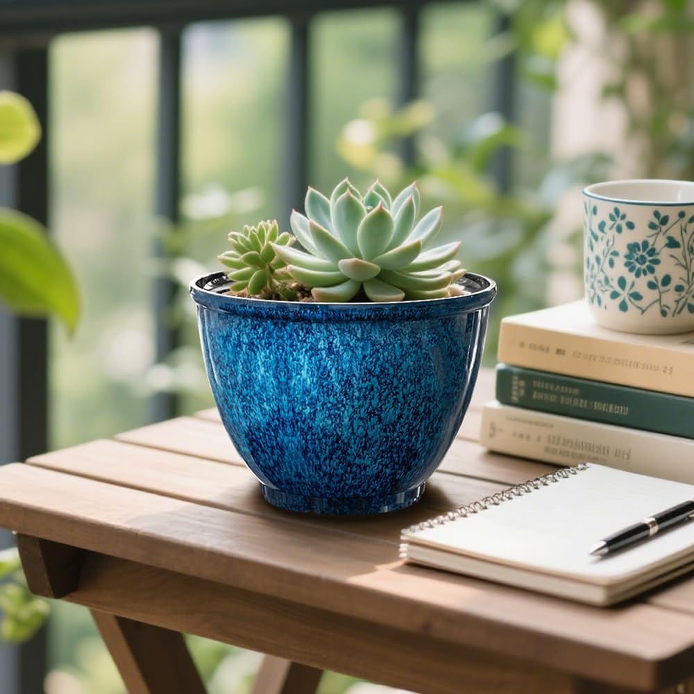Vanslogreen 8 Inch Glazed Plastic Plant Pots, Set of 4 Planters with Drainage Holes - Indoor/Outdoor Flower Pots for