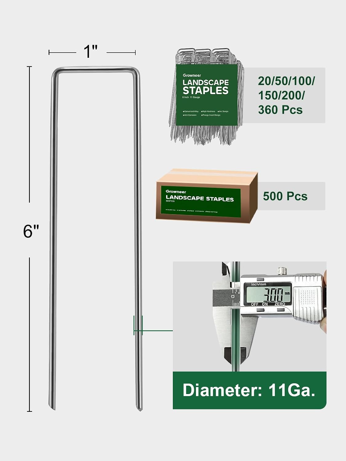 GROWNEER Landscape Staples 6 Inch, 500 Pack 11 Gauge Ground Stakes, Galvanized Steel Garden Spikes Bulk Pack for Large