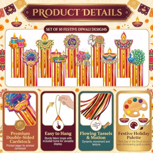 10 Pcs Diwali Hanging Decoration Traditional Indian Festival Ornaments with Diya Elephant Peacock Elements Tassel Hanging Streamers Diwali Decor for Home, Garden, Temple, Tree, Door Decor