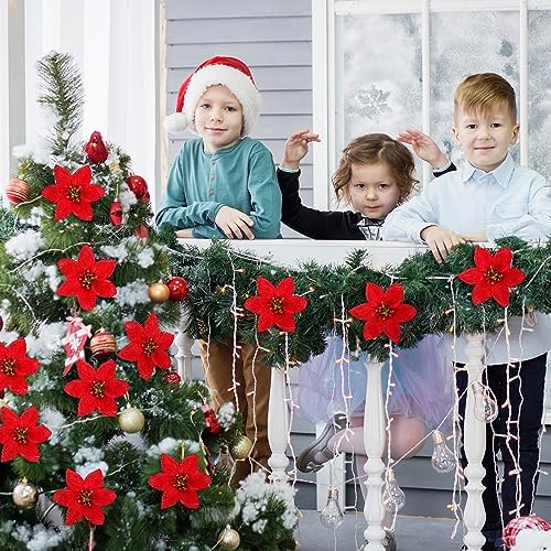 meekoo 48 Pcs Xmas Artificial Poinsettia Flowers 7 Heads W Stem, Red
