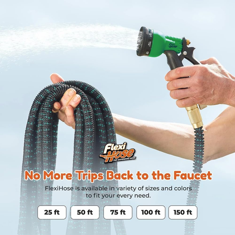 Flexi Hose with 8 Function Nozzle, 150FT - Lightweight Expandable Garden Hose, No-Kink Flexibility, 3/4 Inch Solid