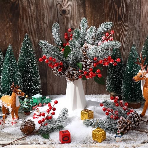 Yuxung 24 Pack Christmas Flower Picks Red Picks Pine Picks Set 11 Inch Pine Snowy Flower Berry Picks Artificial Pine Cones Holly Stem Craft Fake Berry Branches for Christmas Xmas DIY Tree Decor