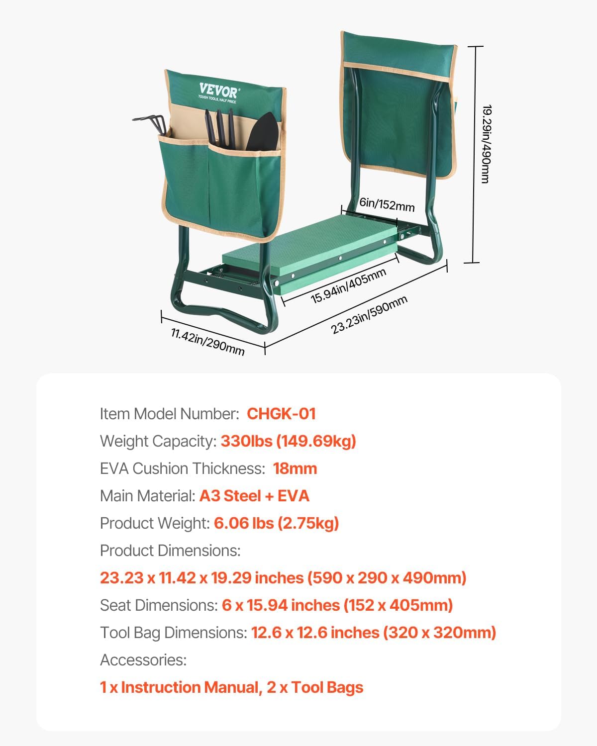 VEVOR Garden Kneeler and Seat Heavy Duty, Kneeling Bench for Gardening | Portable Garden Stool with Kneeling Pad and 2