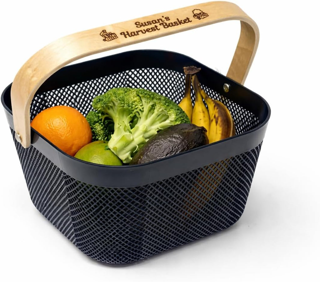 Harvest Basket Plastic Mesh Garden Hod with Personalized Bamboo Handle – Lightweight Vegetable Harvest Basket for